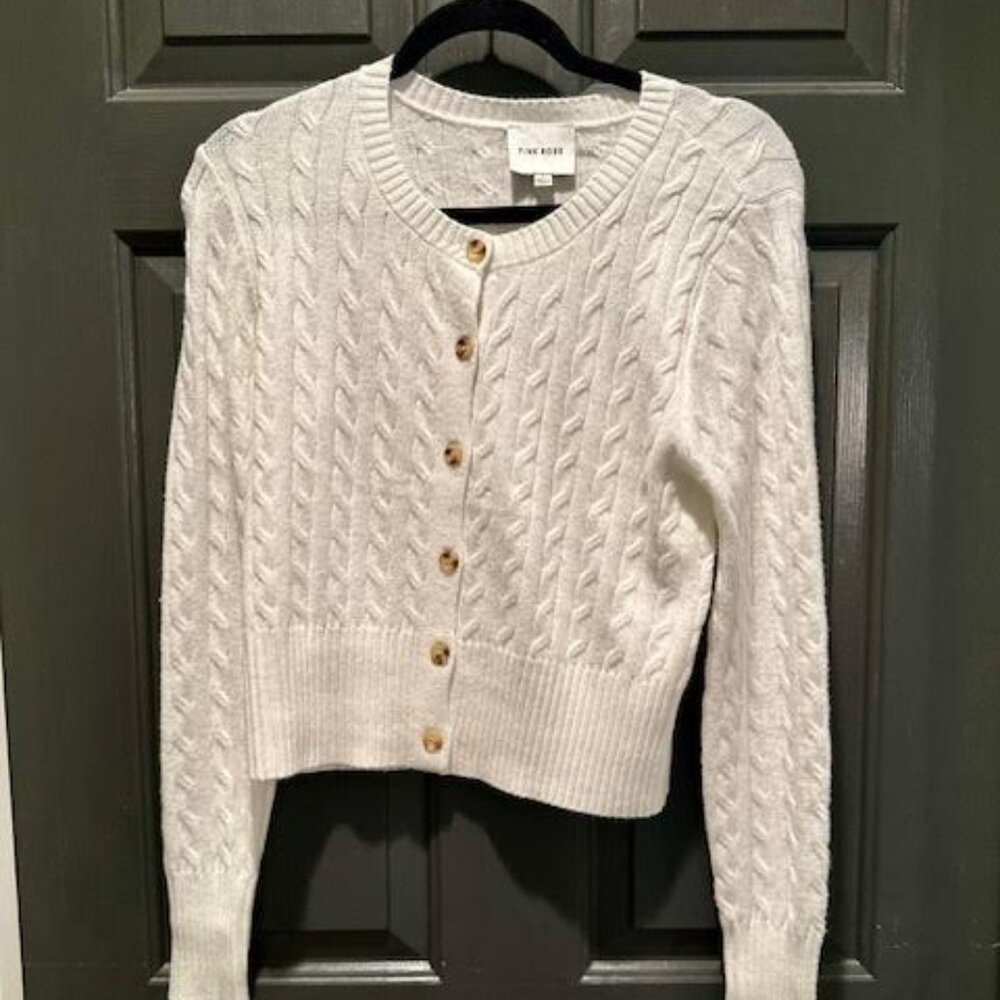 Pink Rose cropped button up crew neck sweater off white size large